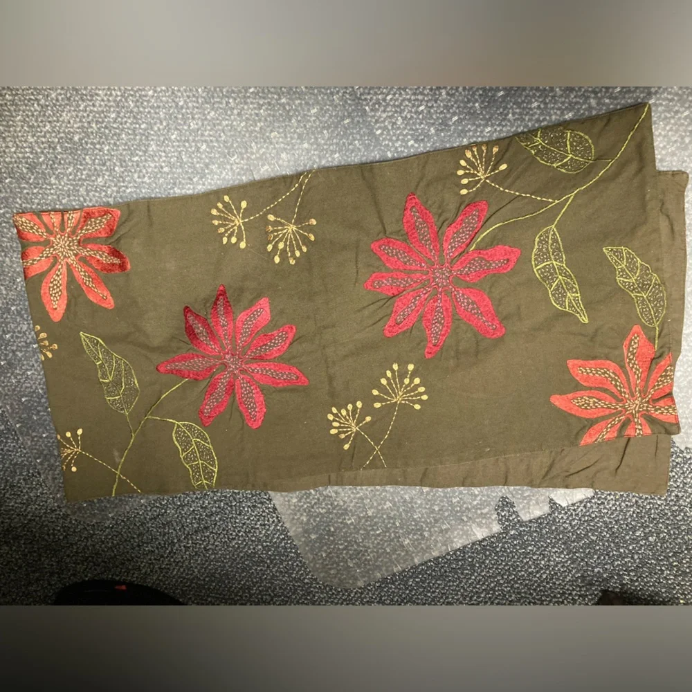 Crate & Barrel Kayla embroidered table runner gold green orange red flower 14x60